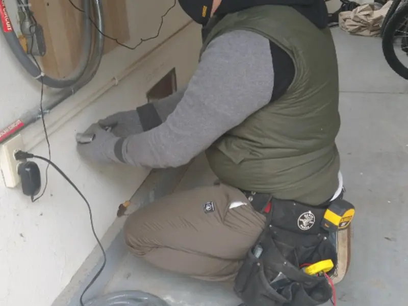 Electrician performing outlet wiring in a Union Hill-Novelty Hill garage